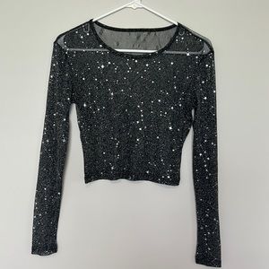 MANGOPOP long-sleeved sheer black crop top with silver star details and glitter